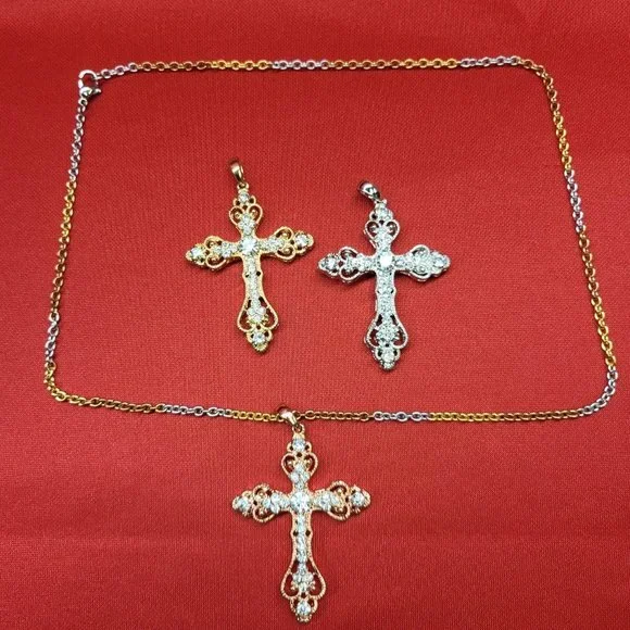 Tricolor Chain and Cross Pendant Set of 3